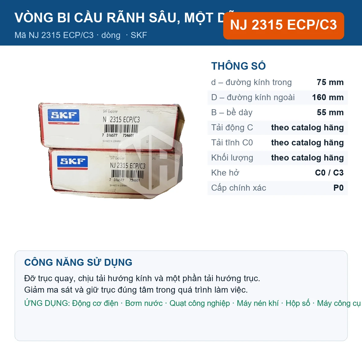 Vòng bi SKF NJ 2315 ECP/C3 — kích thước 75x160x55mm