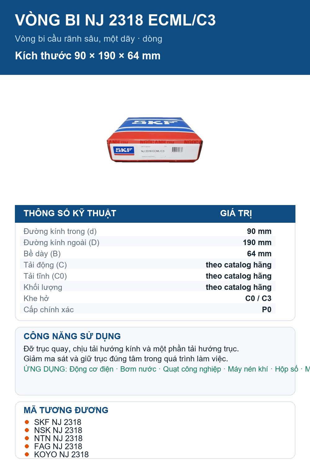 Vòng bi SKF NJ 2318 ECML/C3 90x190x64mm — Ảnh thông số (Pinterest)