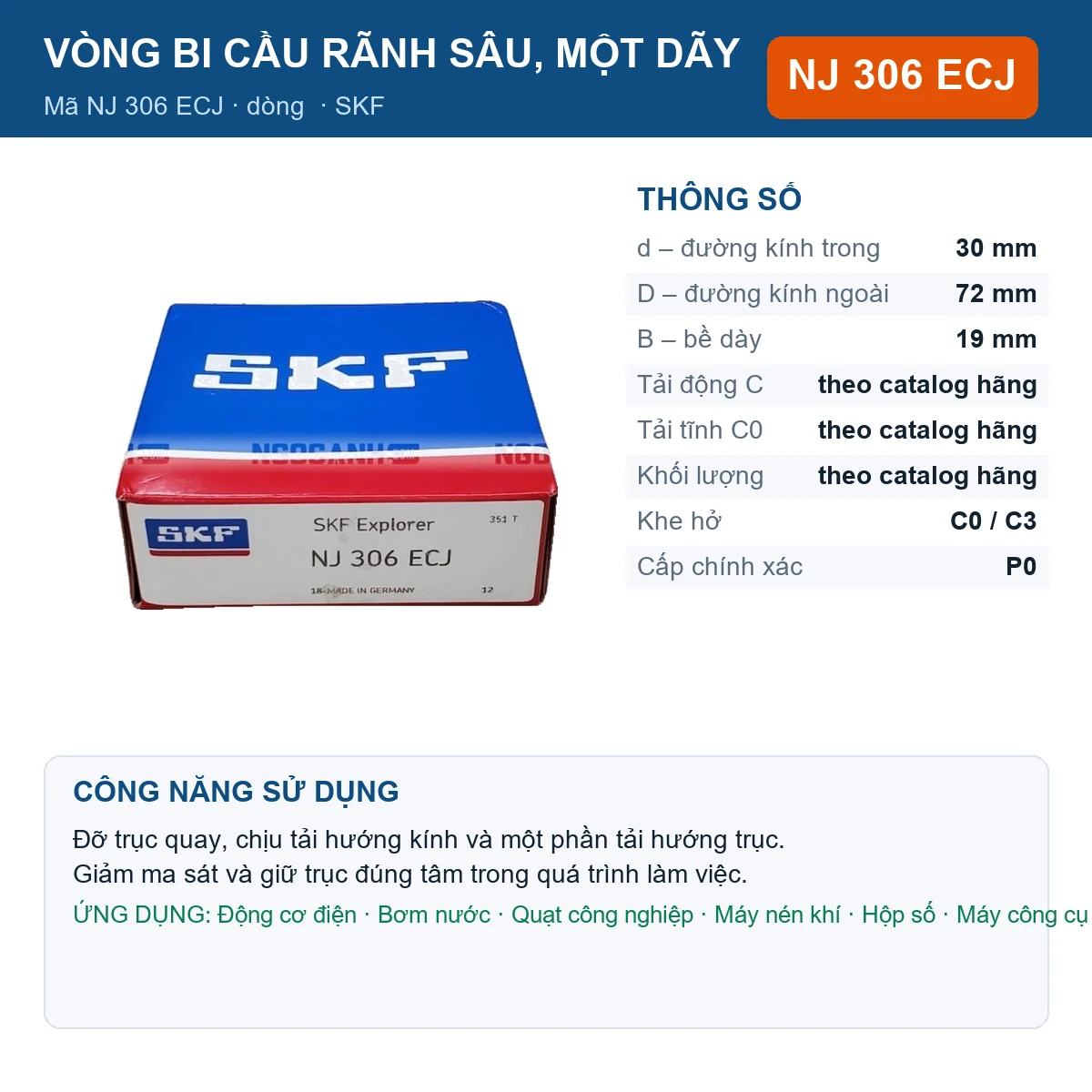 Vòng bi SKF NJ 306 ECJ — kích thước 30x72x19mm