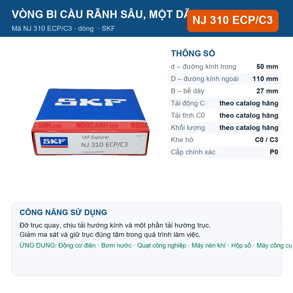 Vòng bi SKF NJ 310 ECP/C3 — kích thước 50x110x27mm