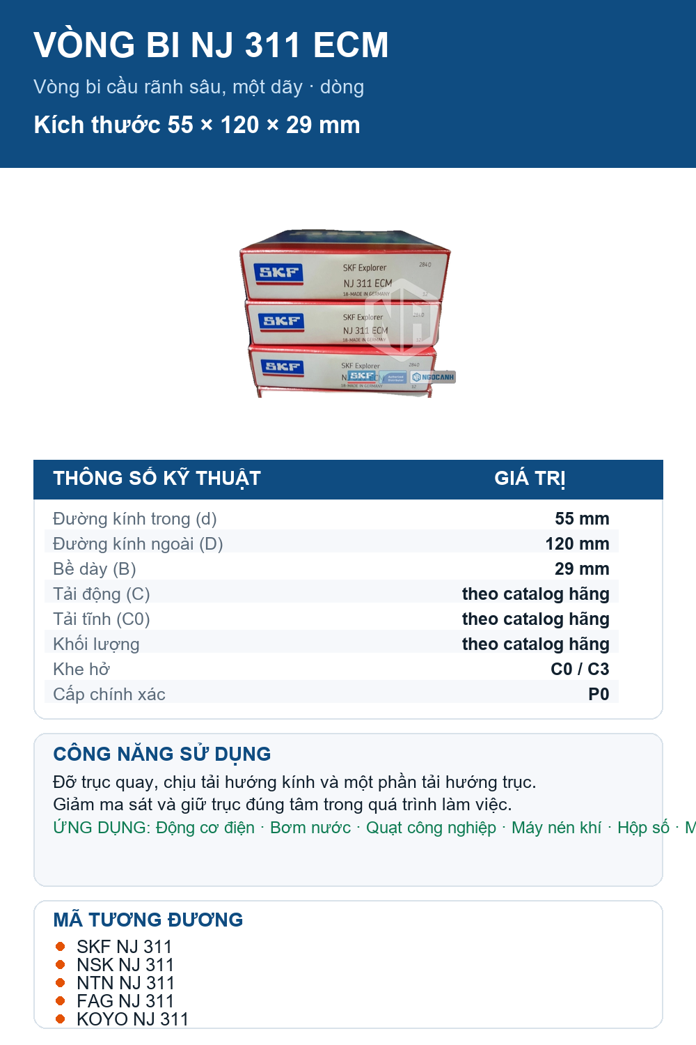 Vòng bi SKF NJ 311 ECM 55x120x29mm — Ảnh thông số (Pinterest)