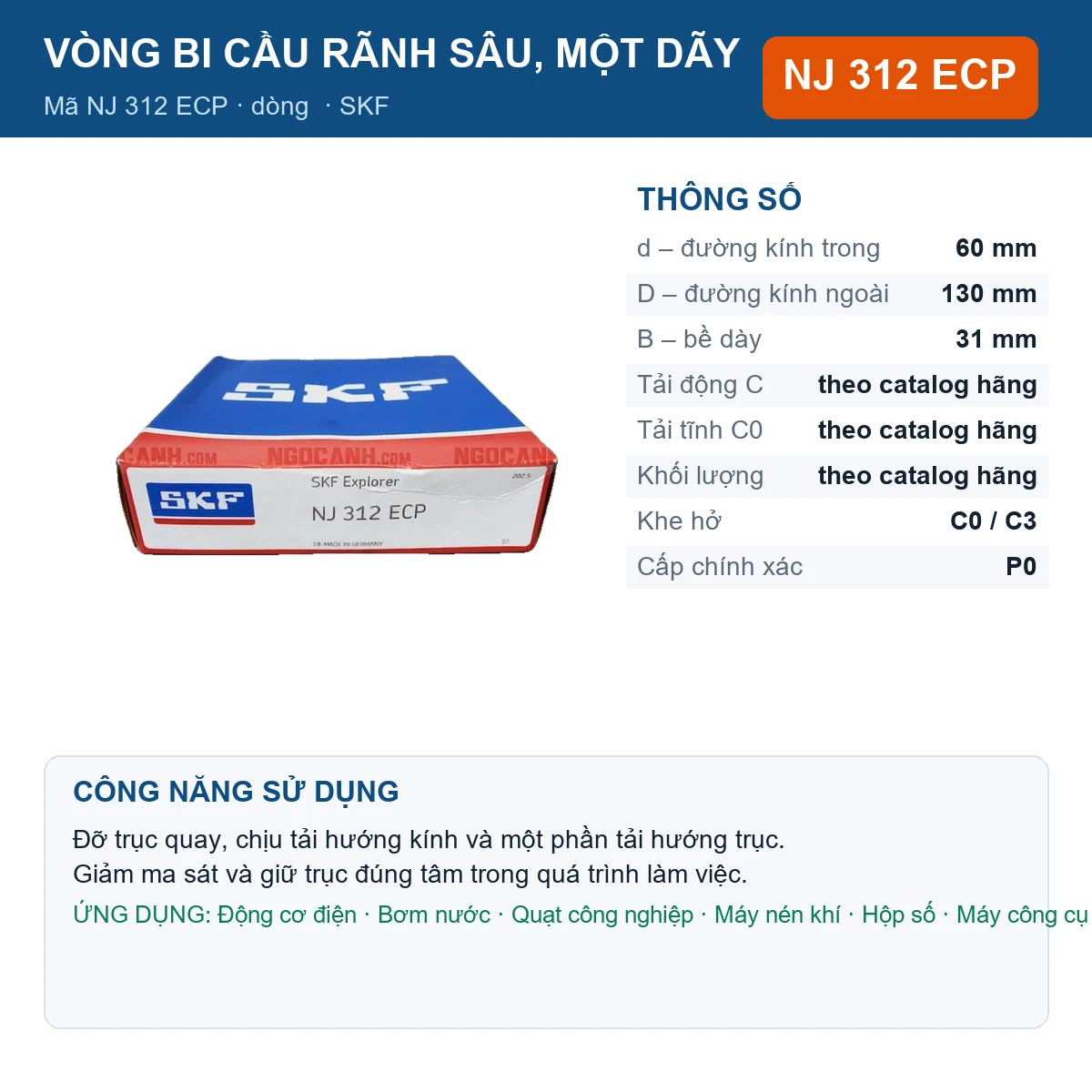 Vòng bi SKF NJ 312 ECP — kích thước 60x130x31mm
