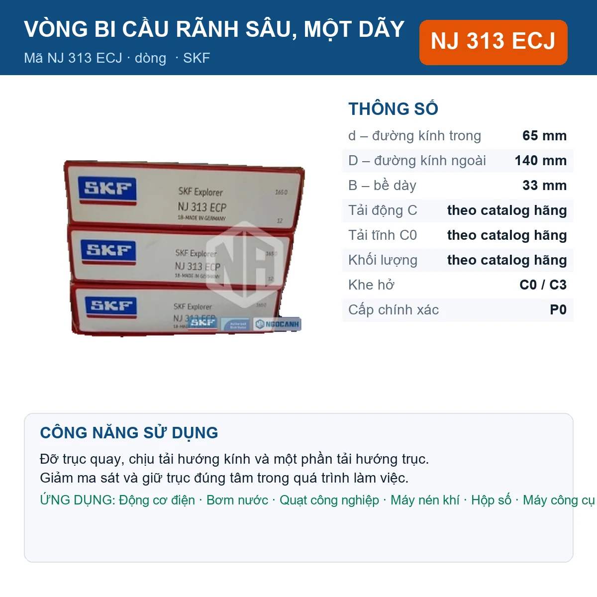 Vòng bi SKF NJ 313 ECJ — kích thước 65x140x33mm