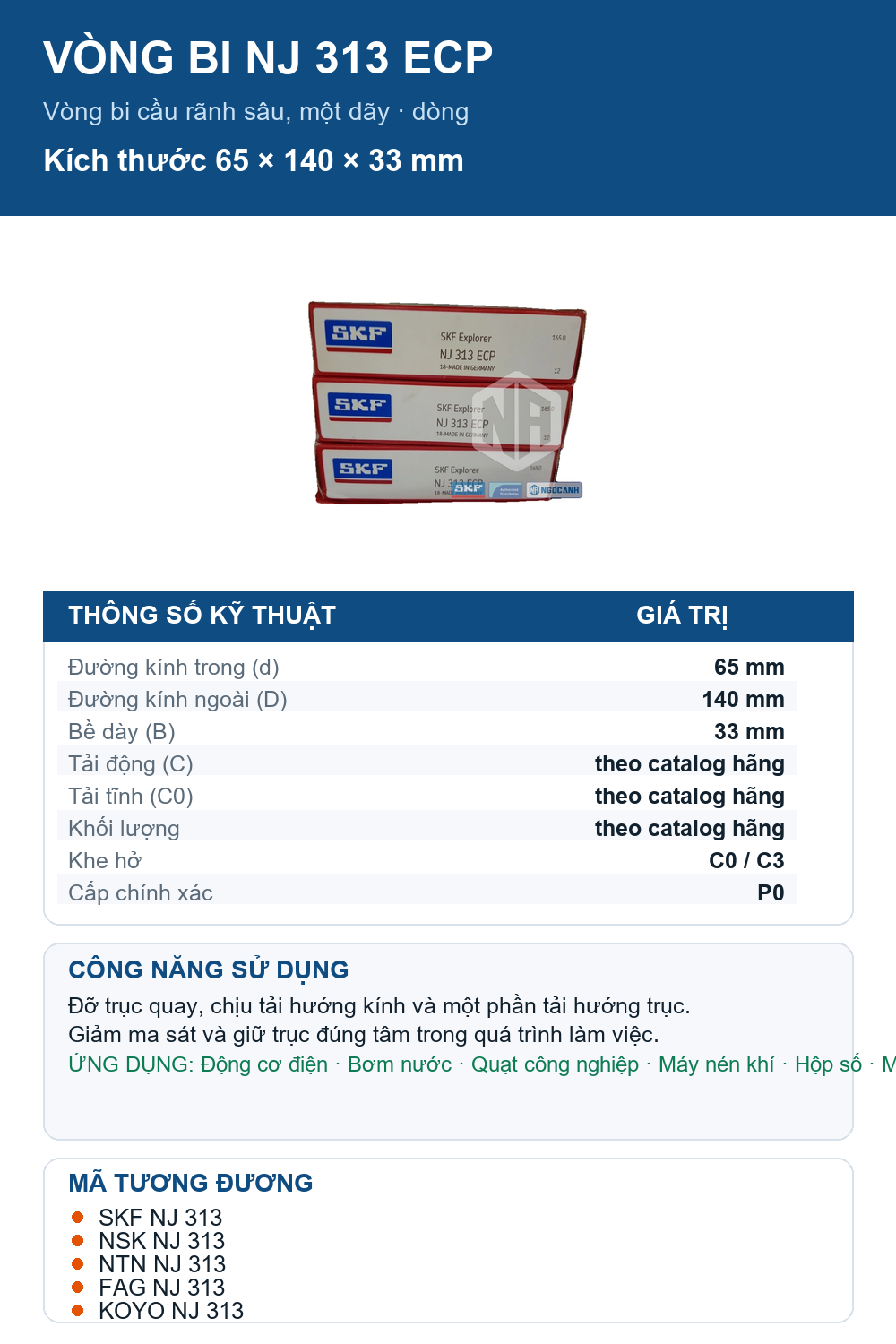 Vòng bi SKF NJ 313 ECP 65x140x33mm — Ảnh thông số (Pinterest)