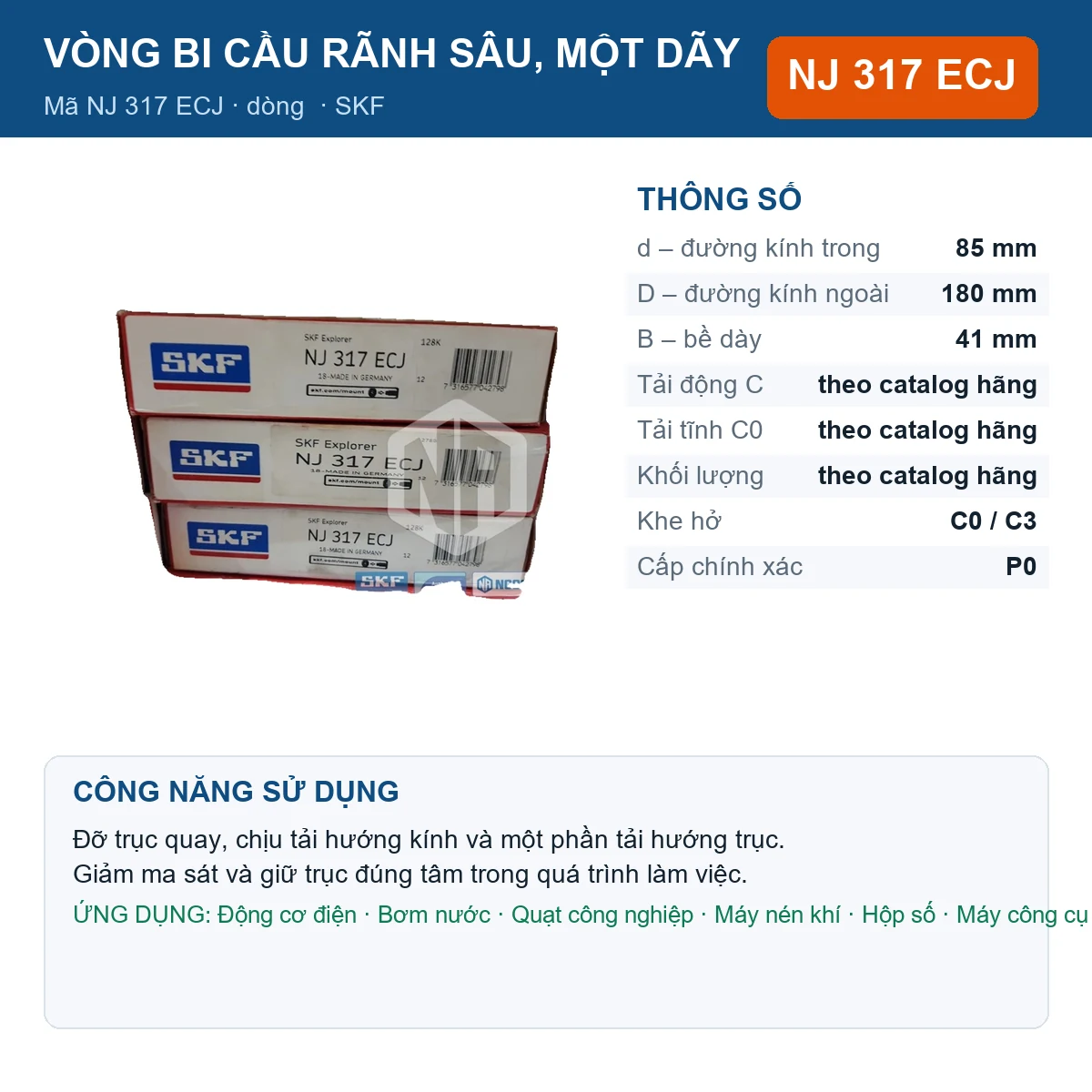 Vòng bi SKF NJ 317 ECJ — kích thước 85x180x41mm
