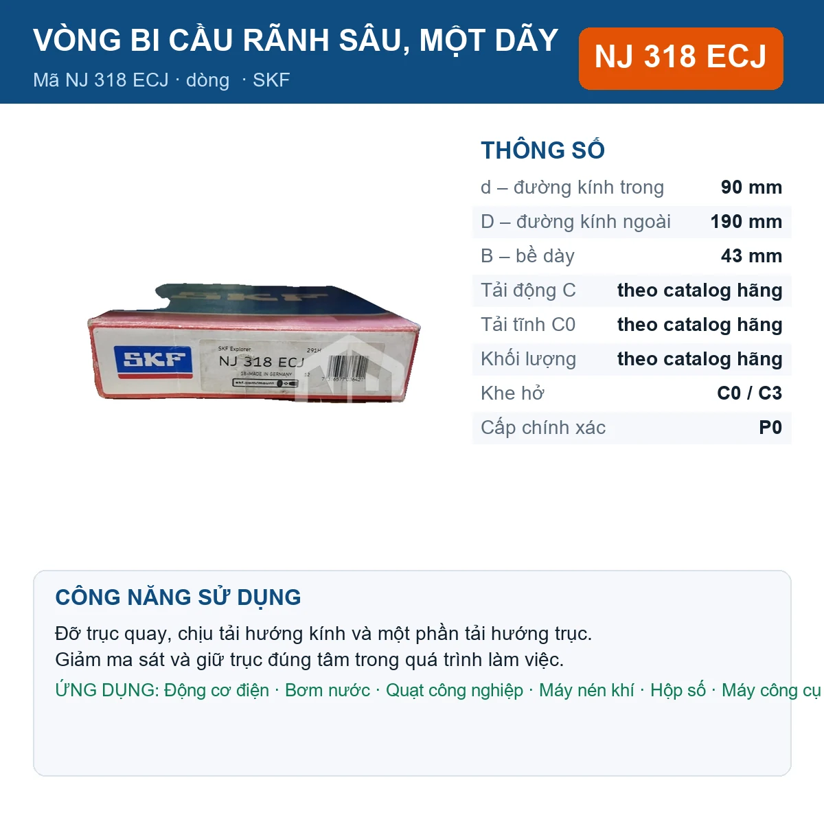 Vòng bi SKF NJ 318 ECJ — kích thước 90x190x43mm