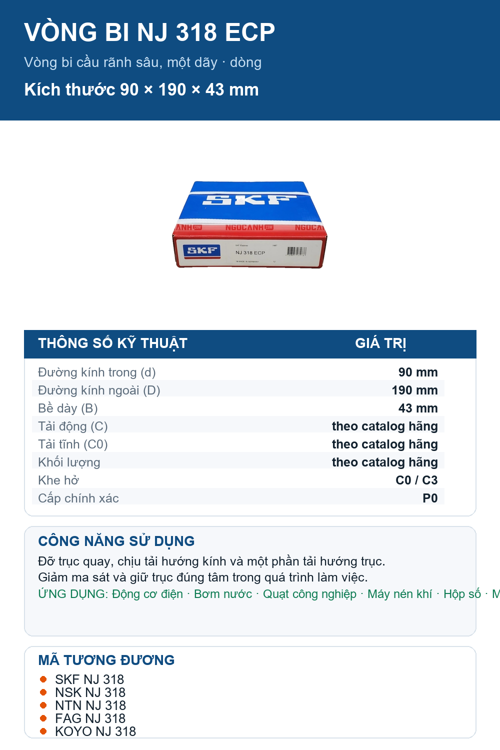 Vòng bi SKF NJ 318 ECP 90x190x43mm — Ảnh thông số (Pinterest)