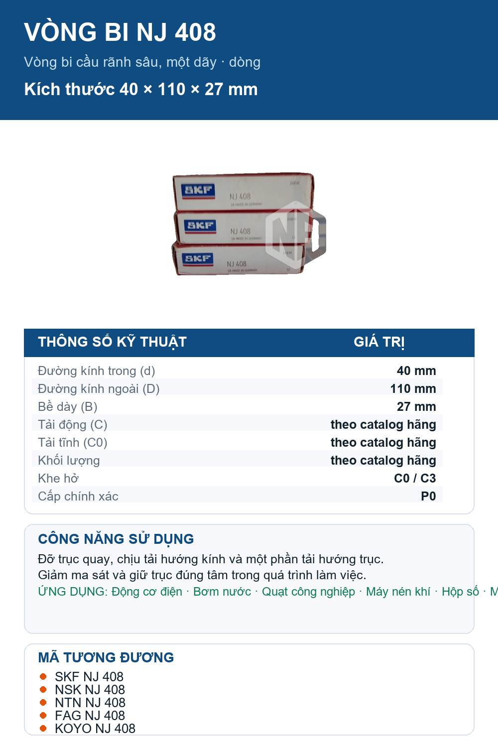 Vòng bi SKF NJ 408 40x110x27mm — Ảnh thông số (Pinterest)
