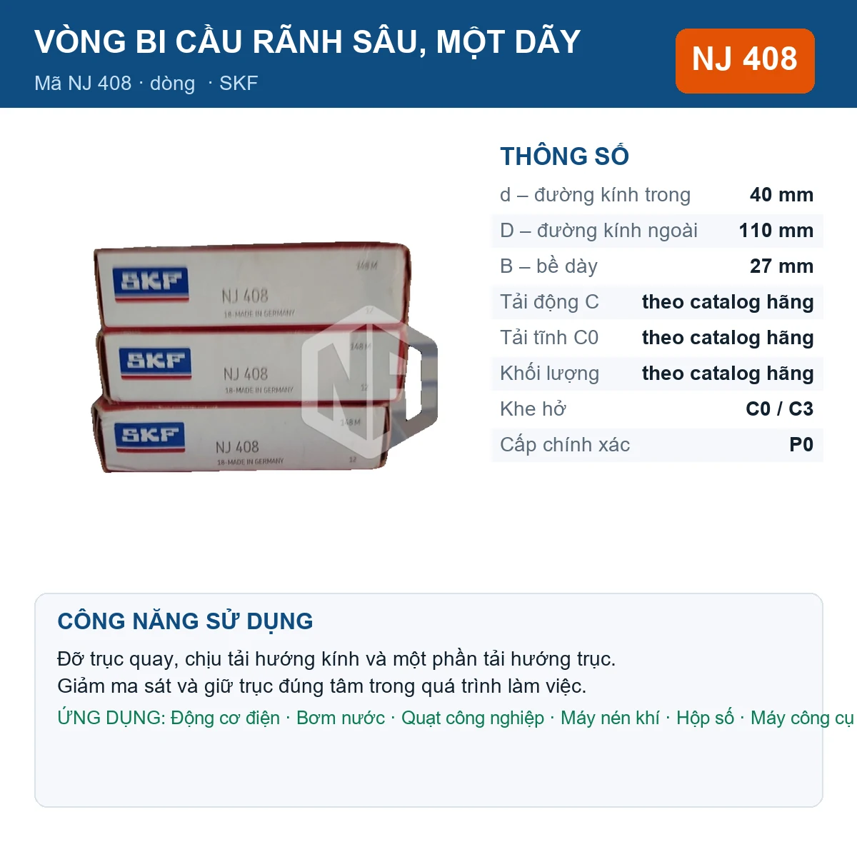 Vòng bi SKF NJ 408 40x110x27mm — Ảnh đăng sản phẩm (web)