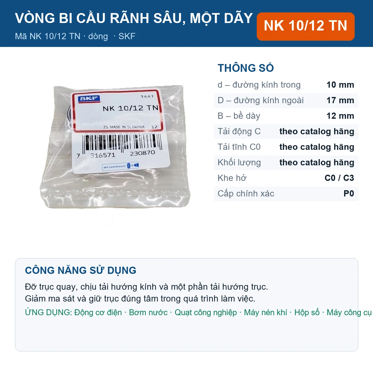 Vòng bi SKF NK 10/12 TN 10x17x12mm — Ảnh đăng sản phẩm (web)