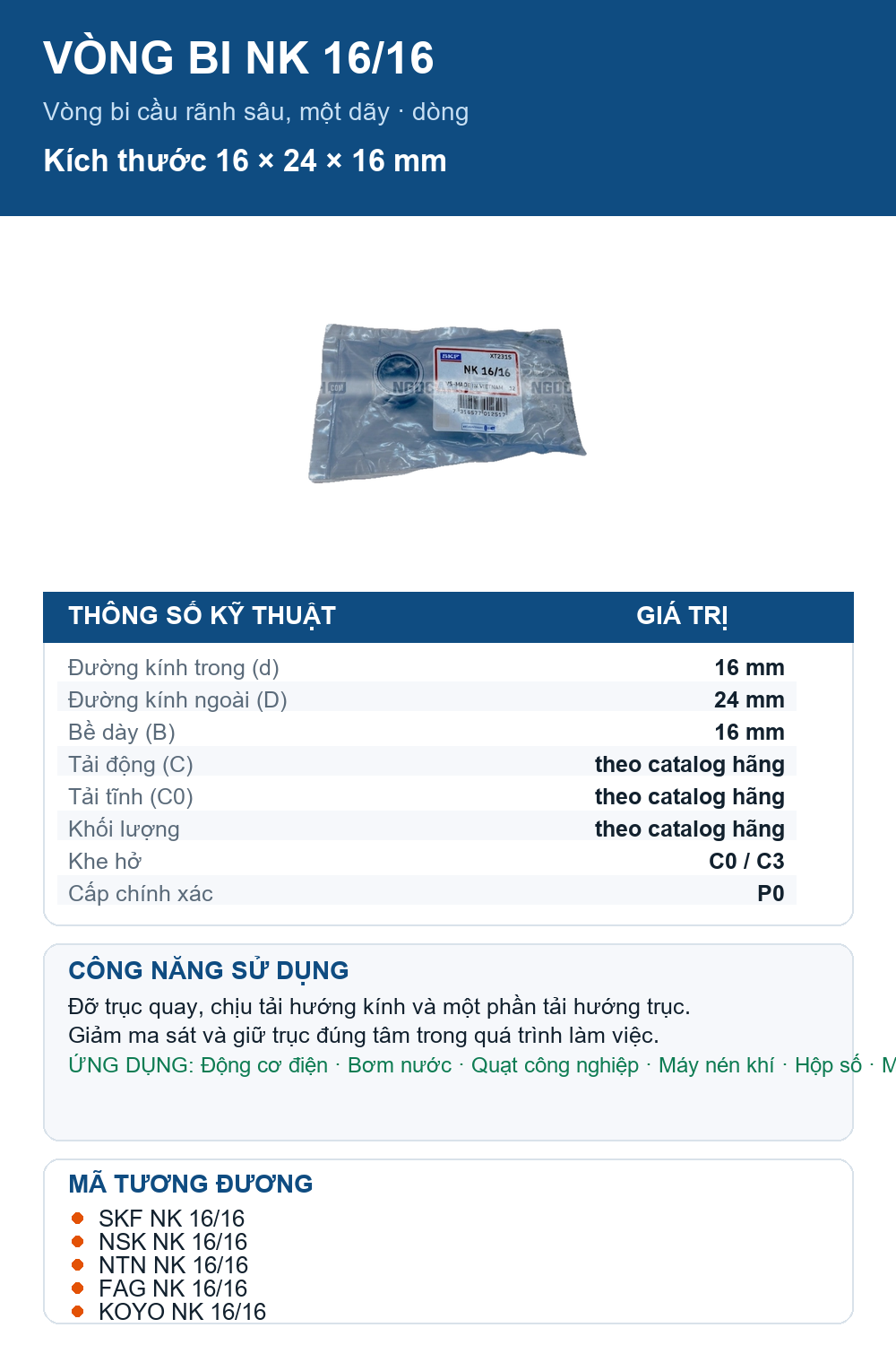 Vòng bi SKF NK 16/16 16x24x16mm — Ảnh thông số (Pinterest)