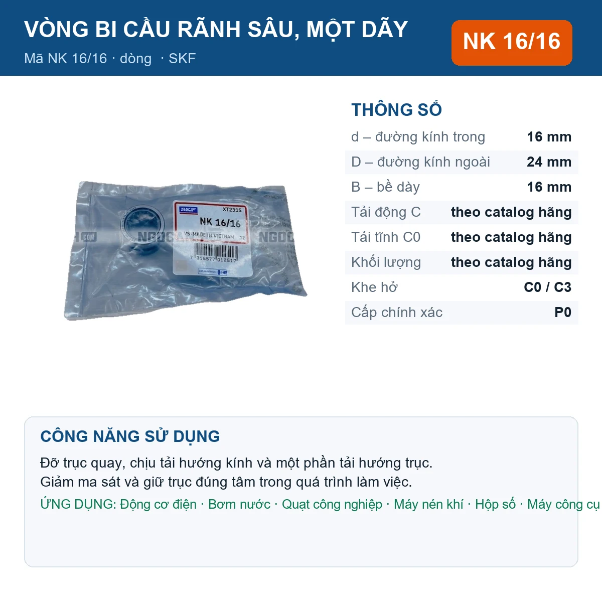Vòng bi SKF NK 16/16 16x24x16mm — Ảnh đăng sản phẩm (web)