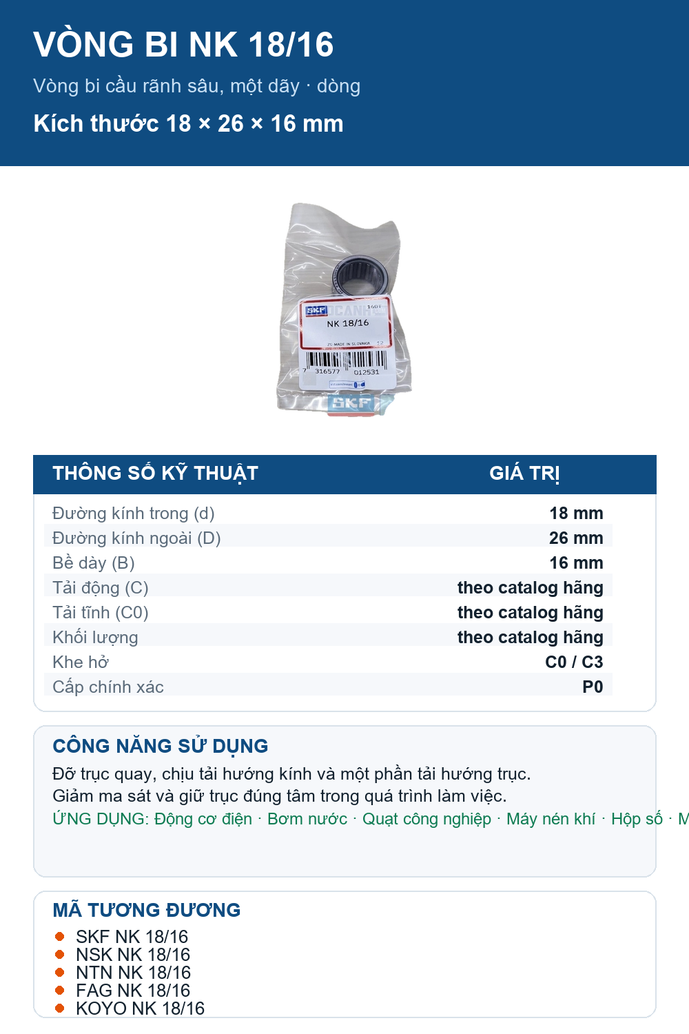 Vòng bi SKF NK 18/16 18x26x16mm — Ảnh thông số (Pinterest)