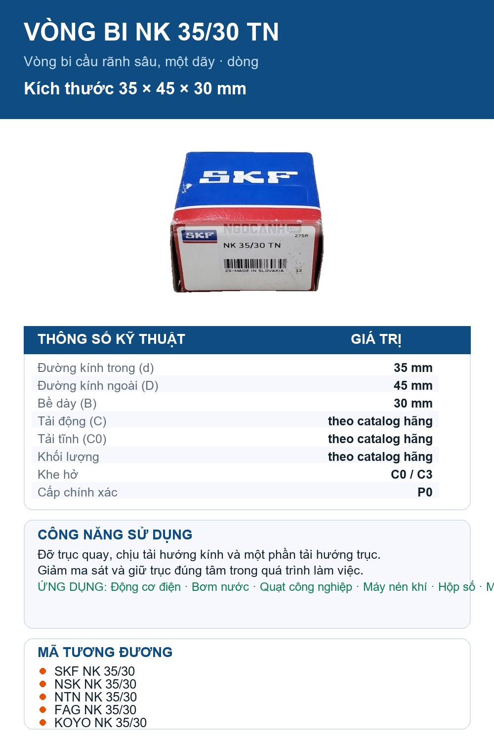 Vòng bi SKF NK 35/30 TN 35x45x30mm — Ảnh thông số (Pinterest)