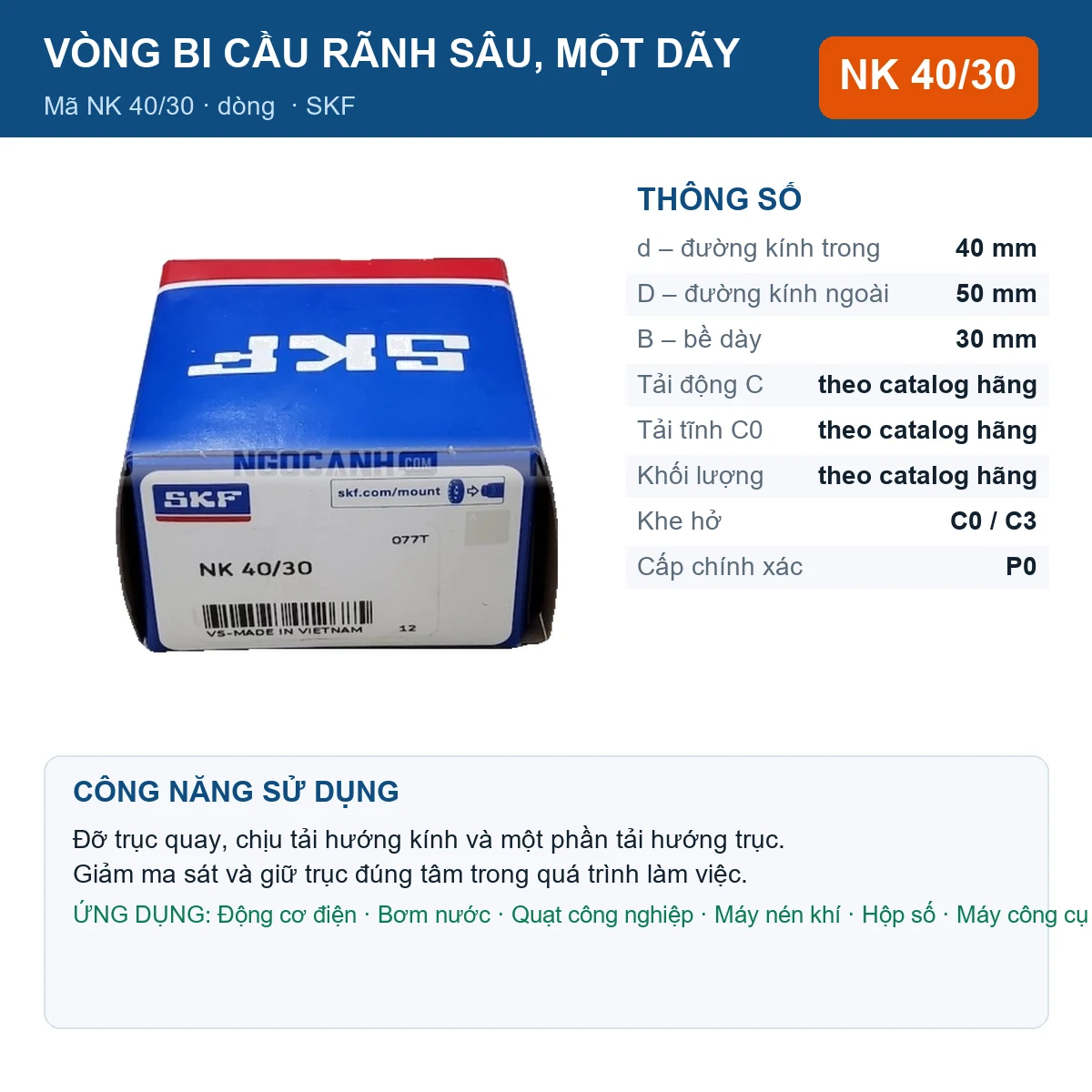 Vòng bi SKF NK 40/30 40x50x30mm — Ảnh đăng sản phẩm (web)