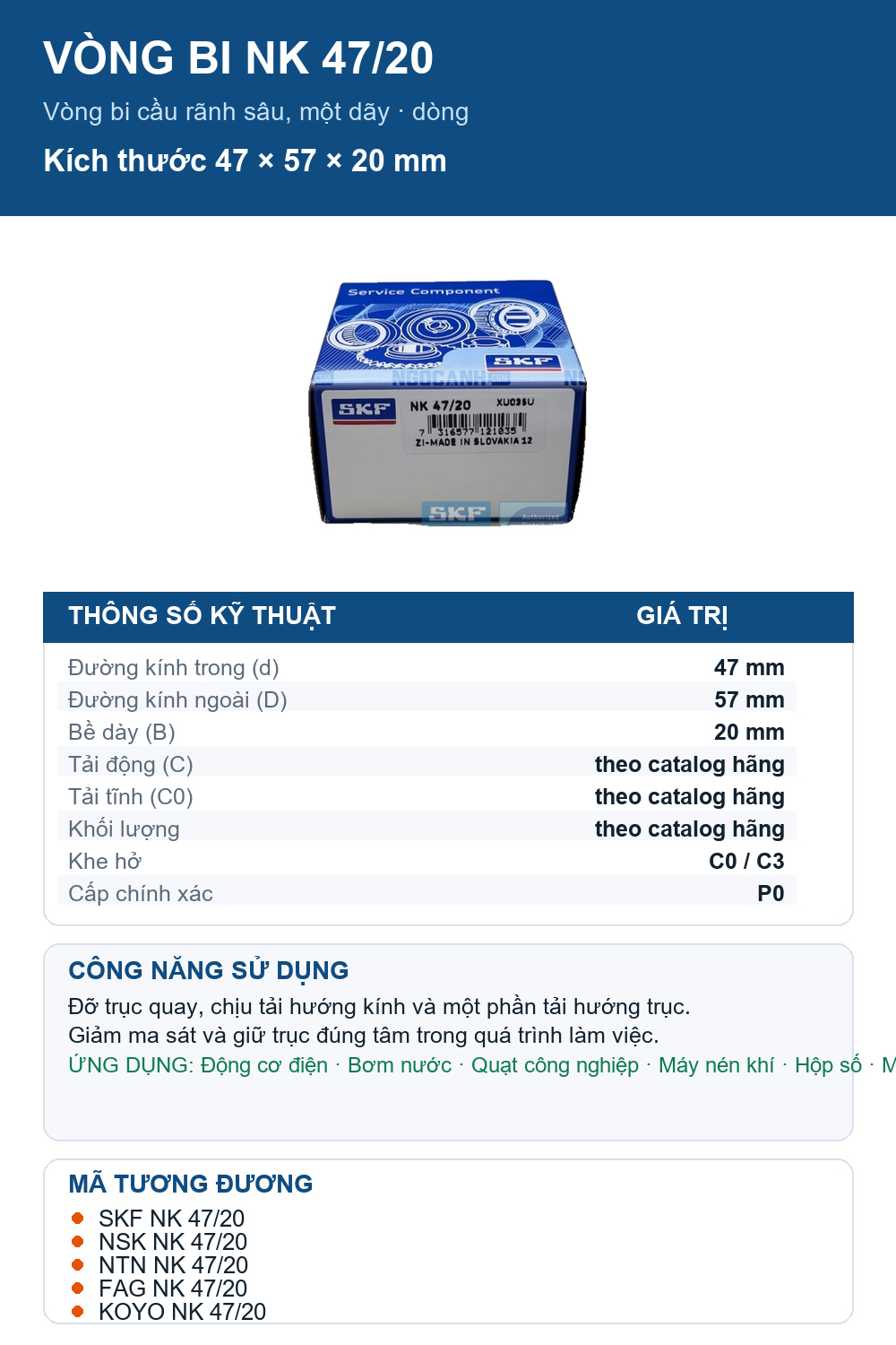 Vòng bi SKF NK 47/20 47x57x20mm — Ảnh thông số (Pinterest)