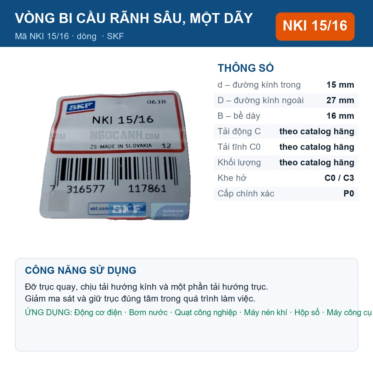 Vòng bi SKF NKI 15/16 15x27x16mm — Ảnh đăng sản phẩm (web)