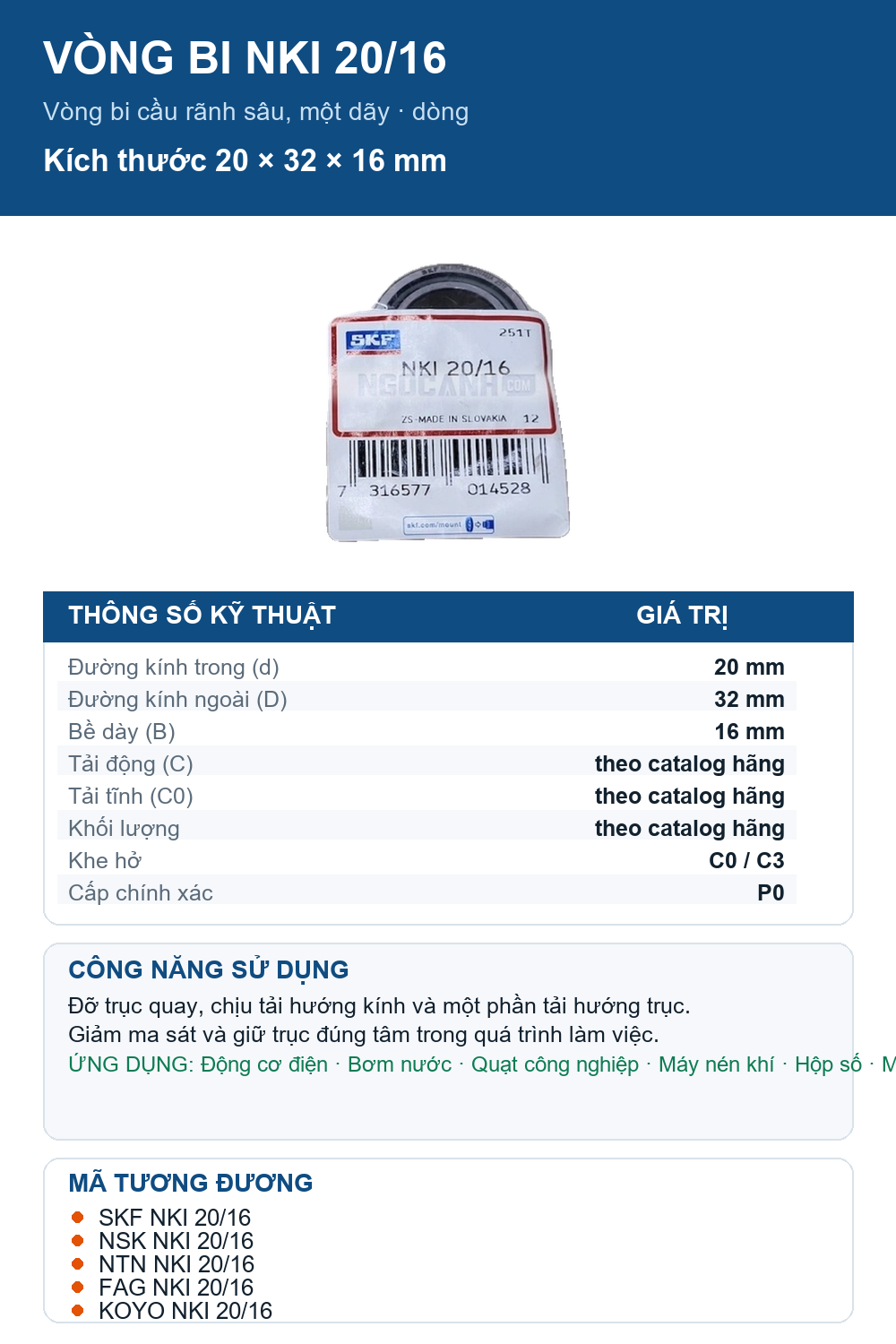 Vòng bi SKF NKI 20/16 20x32x16mm — Ảnh thông số (Pinterest)