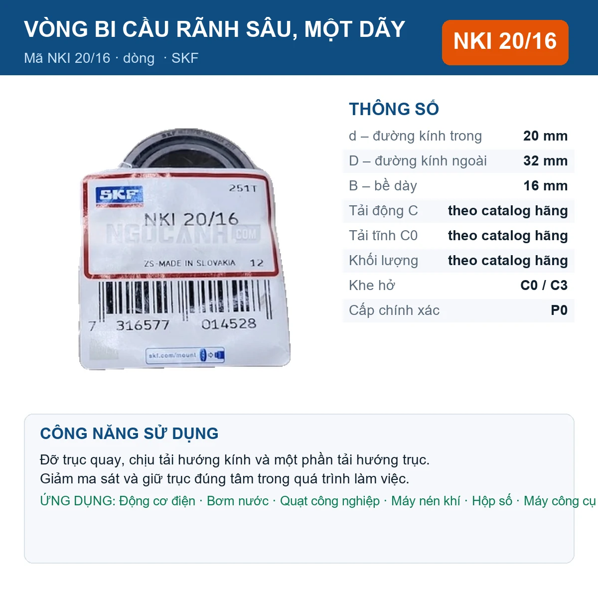 Vòng bi SKF NKI 20/16 20x32x16mm — Ảnh đăng sản phẩm (web)