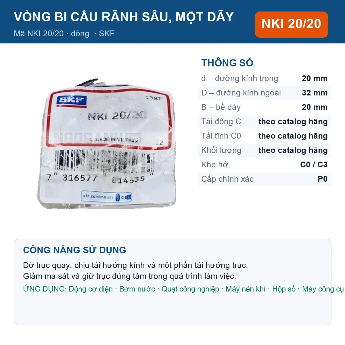 Vòng bi SKF NKI 20/20 20x32x20mm — Ảnh đăng sản phẩm (web)