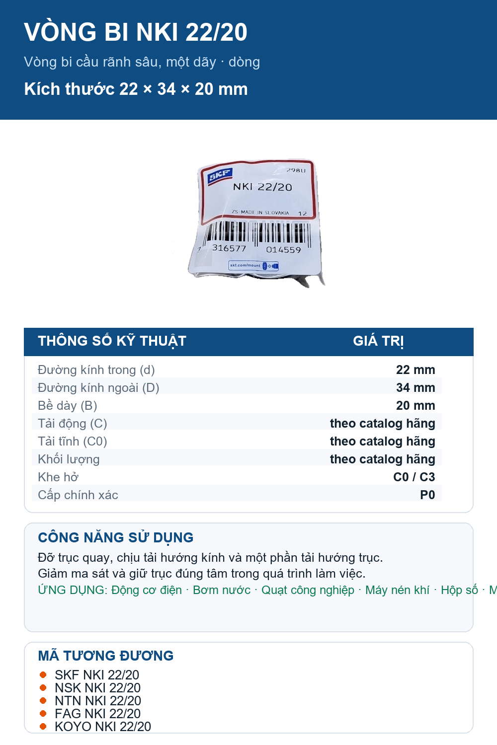 Vòng bi SKF NKI 22/20 22x34x20mm — Ảnh thông số (Pinterest)