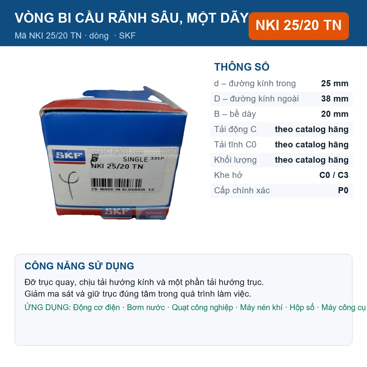 Vòng bi SKF NKI 25/20 TN 25x38x20mm — Ảnh đăng sản phẩm (web)