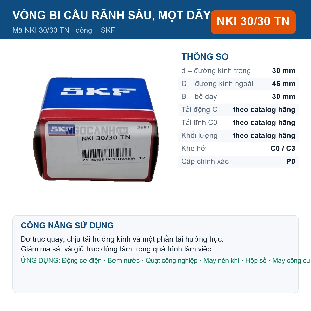 Vòng bi SKF NKI 30/30 TN 30x45x30mm — Ảnh đăng sản phẩm (web)