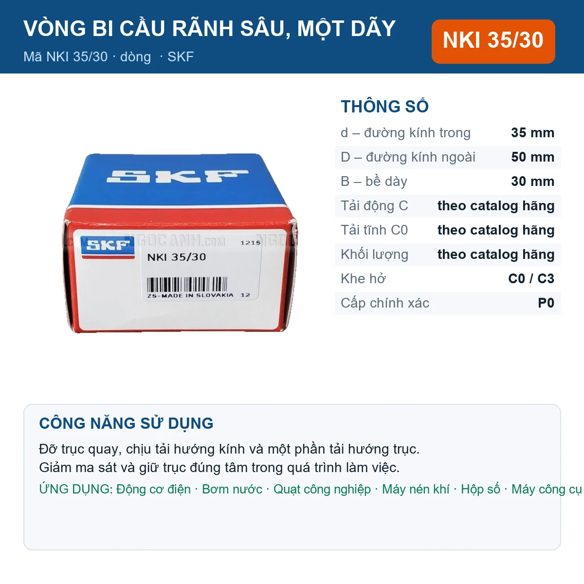 Vòng bi SKF NKI 35/30 — kích thước 35x50x30mm