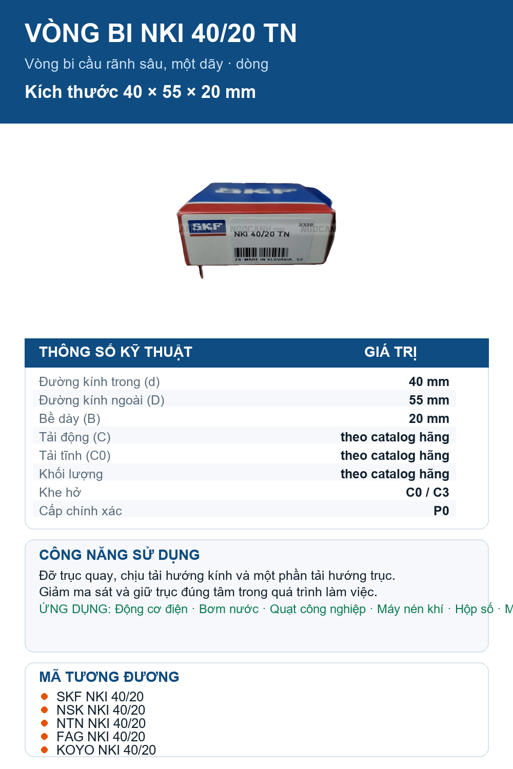 Vòng bi SKF NKI 40/20 TN 40x55x20mm — Ảnh thông số (Pinterest)