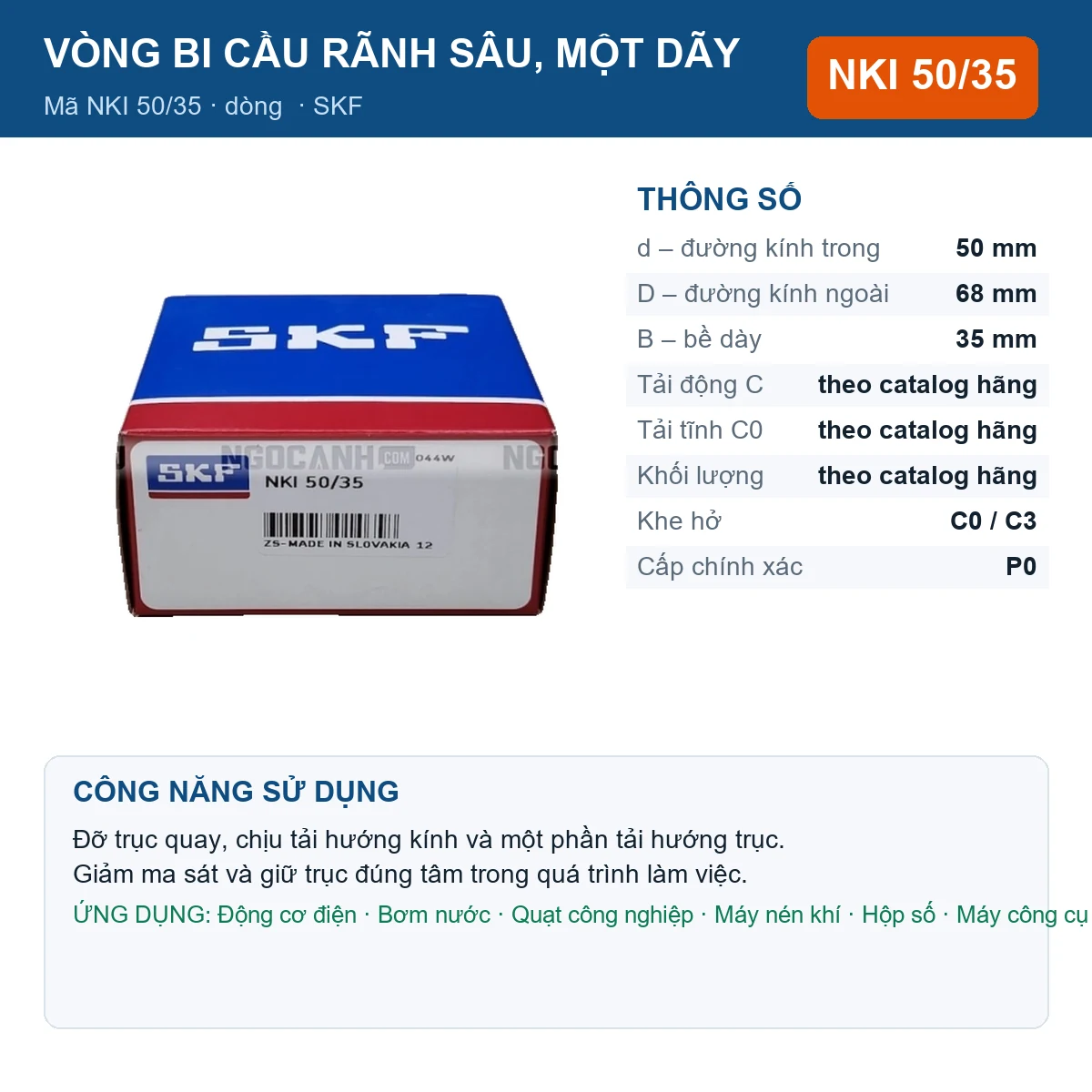 Vòng bi SKF NKI 50/35 — kích thước 50x68x35mm