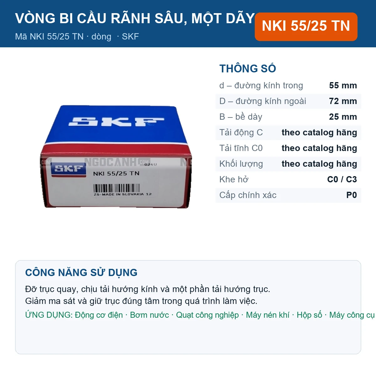 Vòng bi SKF NKI 55/25 TN 55x72x25mm — Ảnh đăng sản phẩm (web)