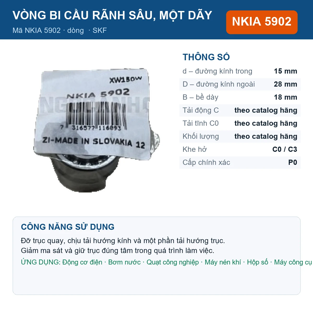 Vòng bi SKF NKIA 5902 — kích thước 15x28x18mm