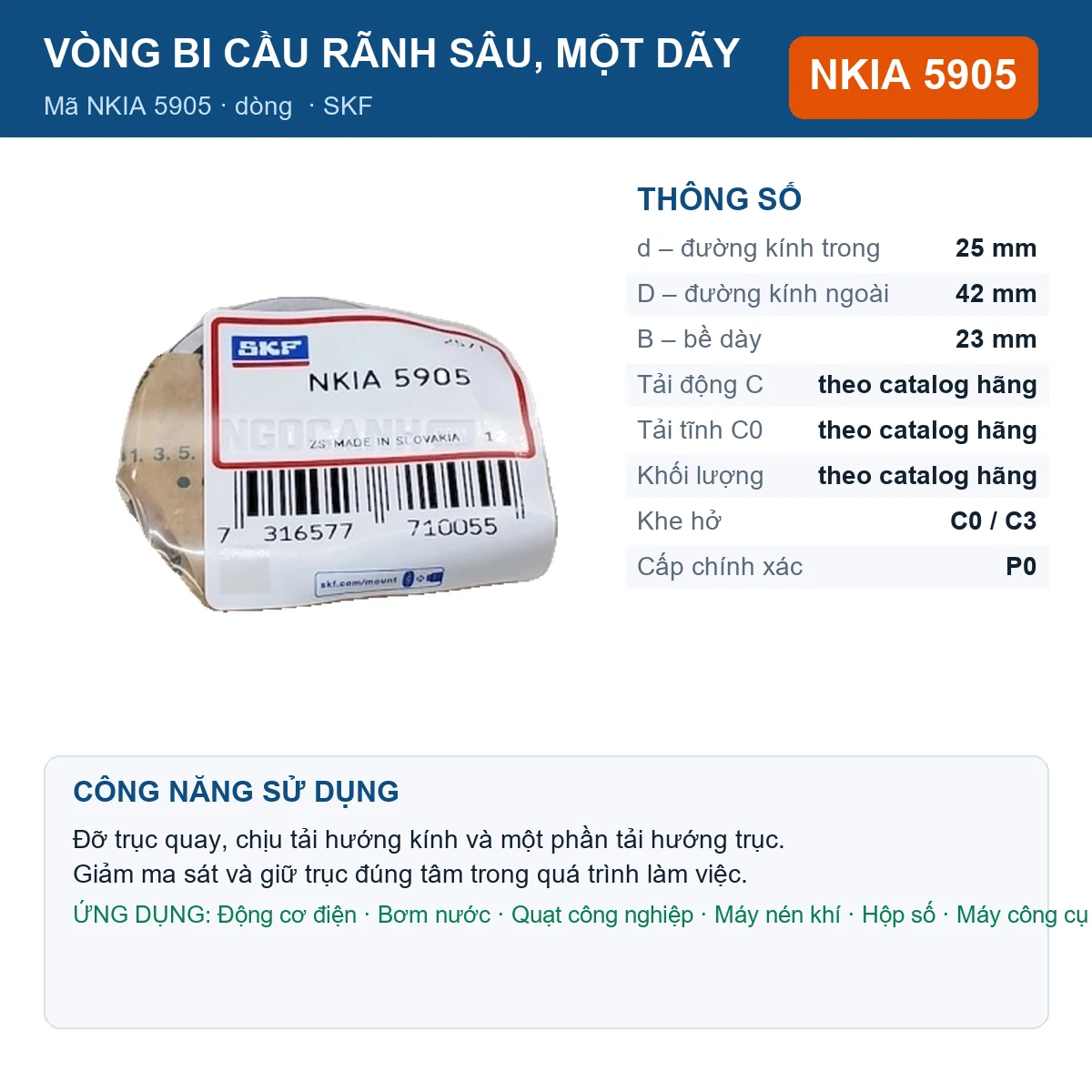 Vòng bi SKF NKIA 5905 — kích thước 25x42x23mm