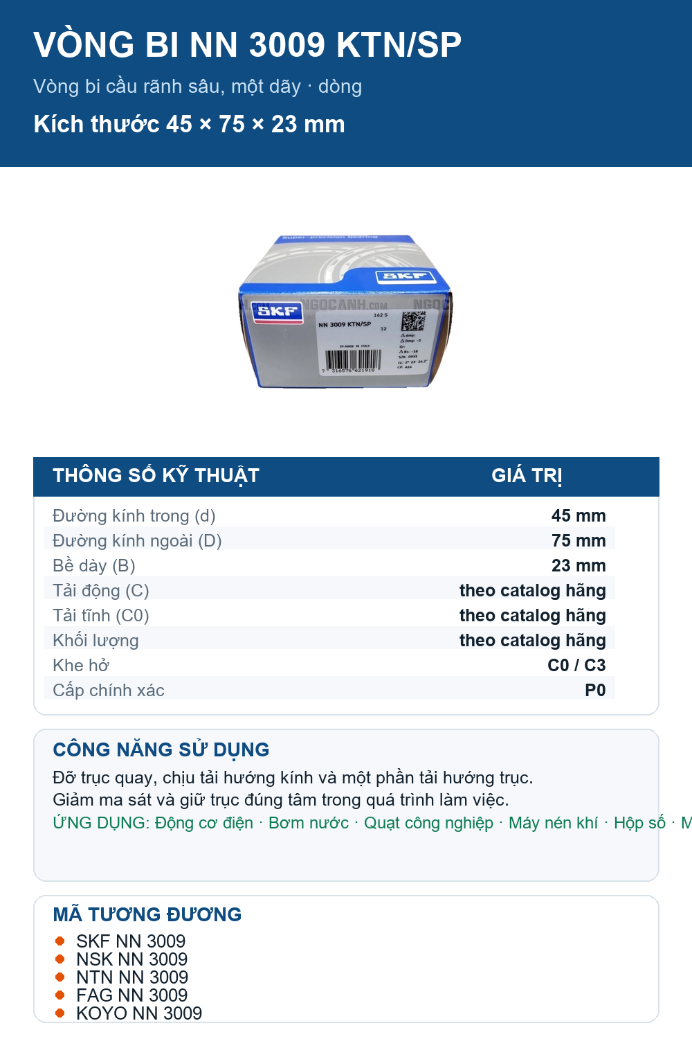 Vòng bi SKF NN 3009 KTN/SP 45x75x23mm — Ảnh thông số (Pinterest)