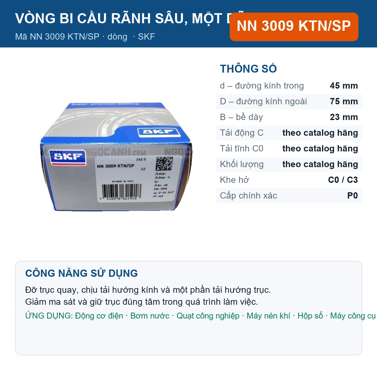 Vòng bi SKF NN 3009 KTN/SP 45x75x23mm — Ảnh đăng sản phẩm (web)