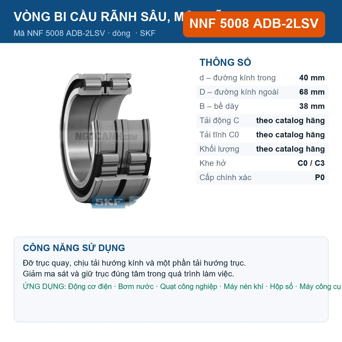 Vòng bi SKF NNF 5008 ADB-2LSV — kích thước 40x68x38mm