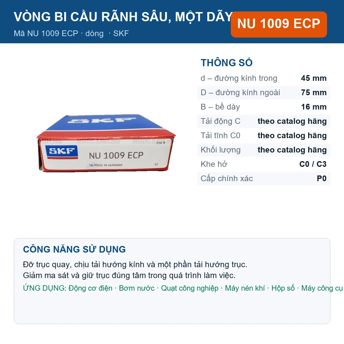 Vòng bi SKF NU 1009 ECP — kích thước 45x75x16mm