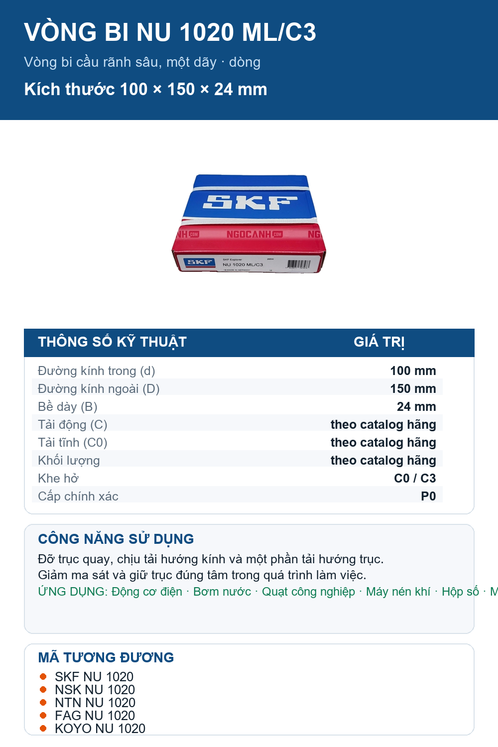 Vòng bi SKF NU 1020 ML/C3 100x150x24mm — Ảnh thông số (Pinterest)