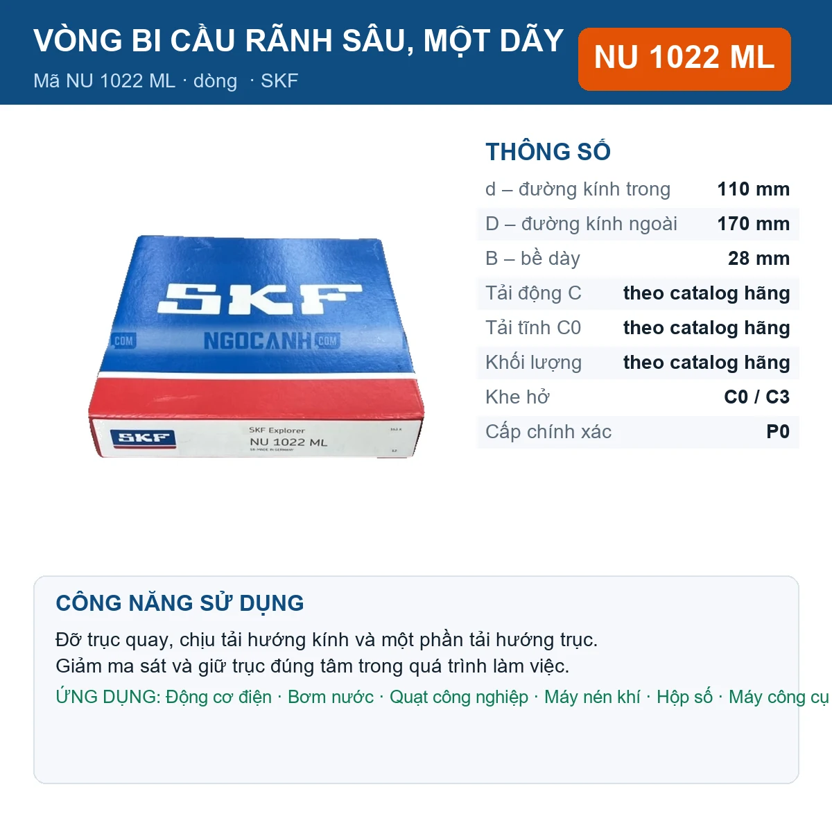 Vòng bi SKF NU 1022 ML — kích thước 110x170x28mm