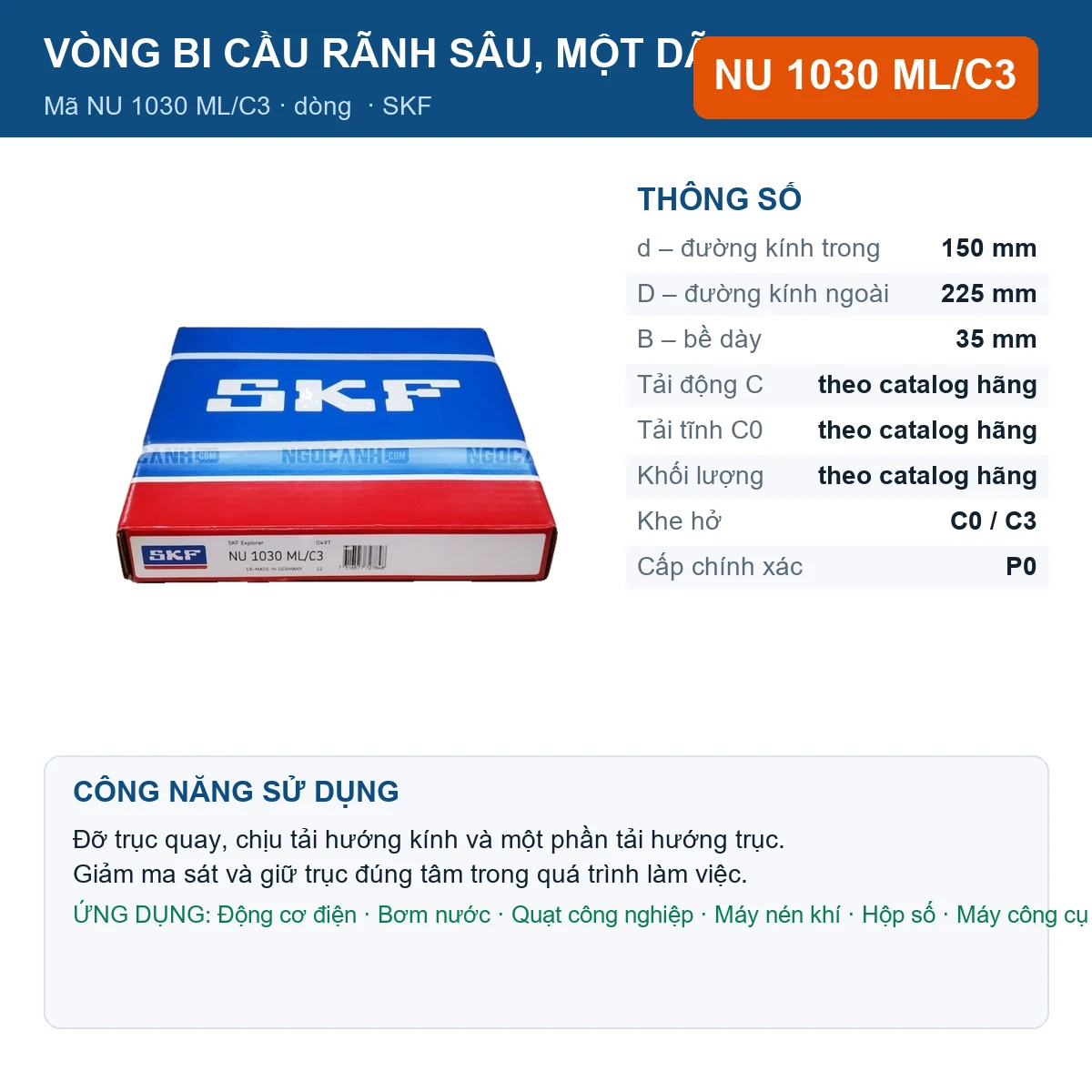 Vòng bi SKF NU 1030 ML/C3 — kích thước 150x225x35mm