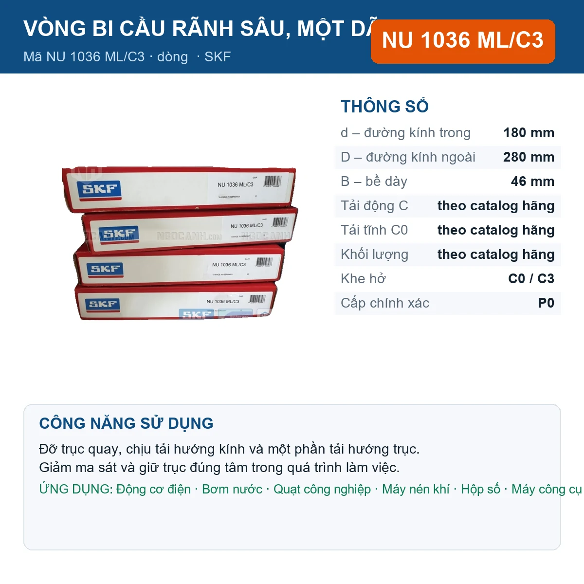 Vòng bi SKF NU 1036 ML/C3 — kích thước 180x280x46mm