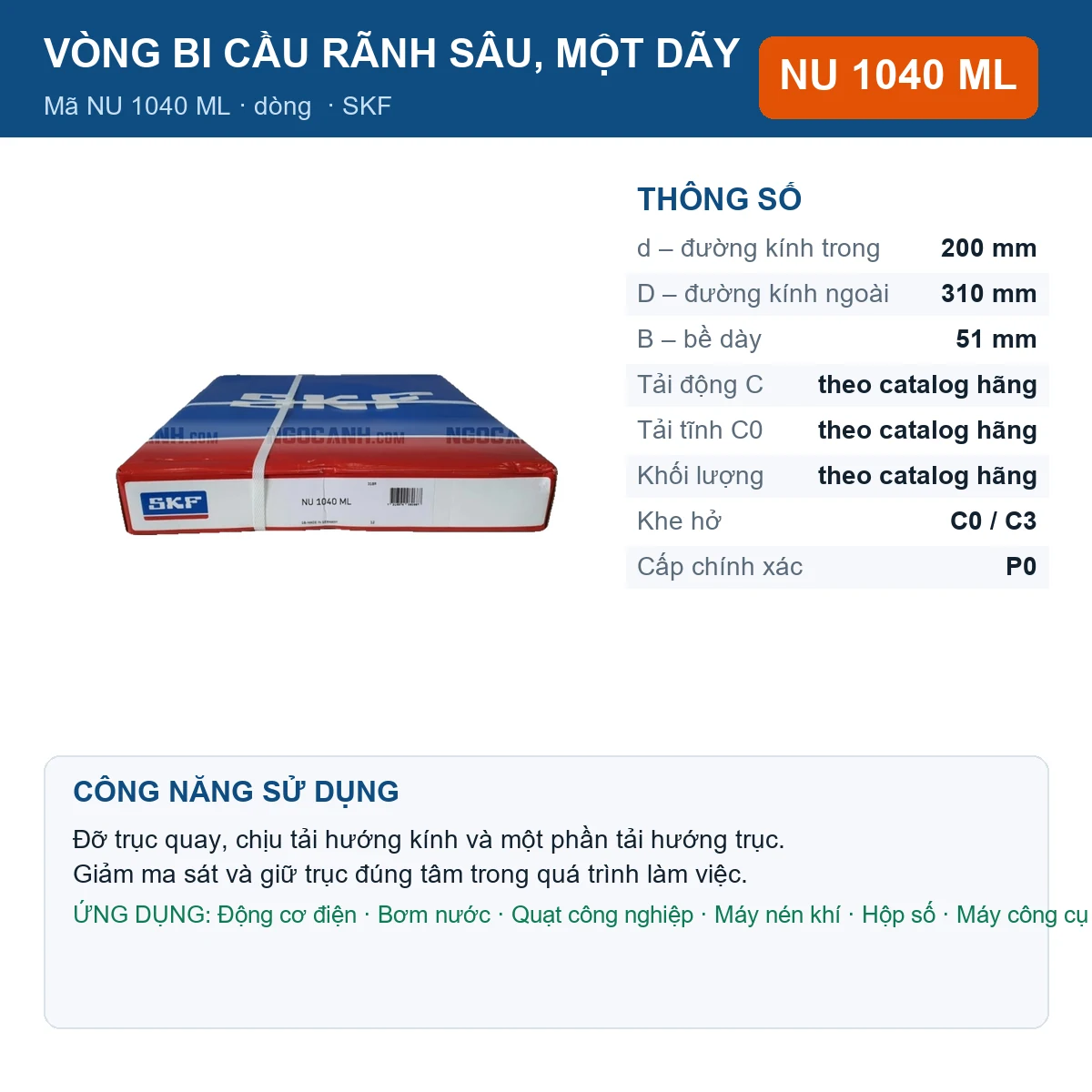 Vòng bi SKF NU 1040 ML — kích thước 200x310x51mm