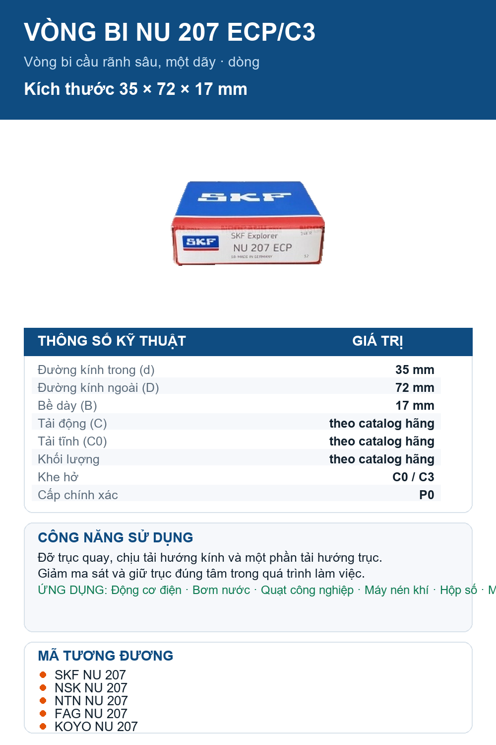 Vòng bi SKF NU 207 ECP/C3 35x72x17mm — Ảnh thông số (Pinterest)