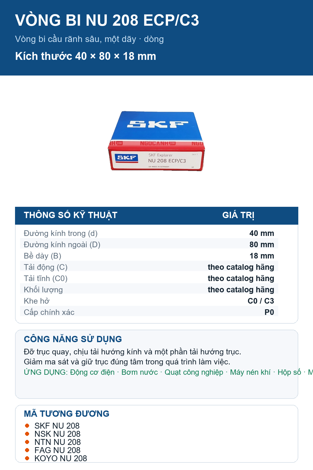 Vòng bi SKF NU 208 ECP/C3 40x80x18mm — Ảnh thông số (Pinterest)