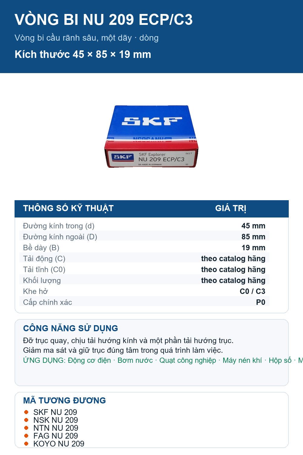 Vòng bi SKF NU 209 ECP/C3 45x85x19mm — Ảnh thông số (Pinterest)