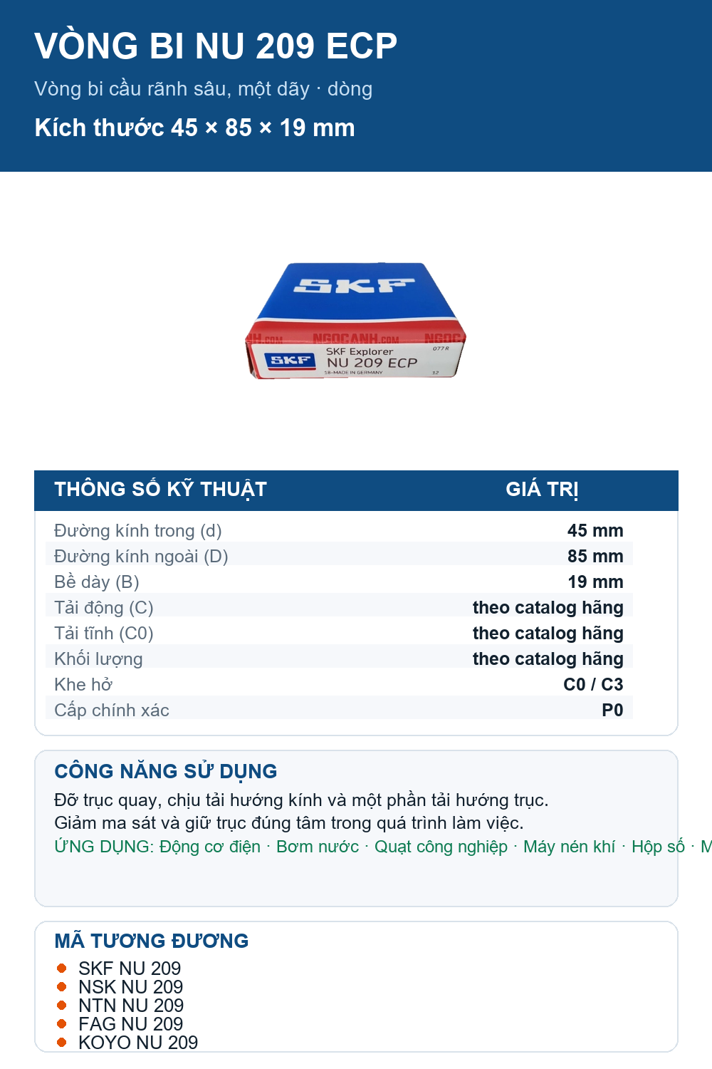 Vòng bi SKF NU 209 ECP 45x85x19mm — Ảnh thông số (Pinterest)