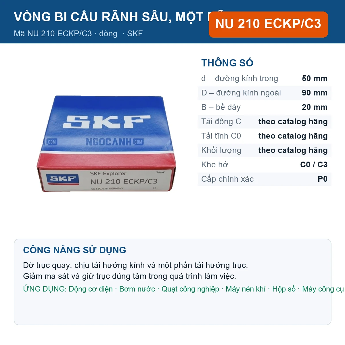 Vòng bi SKF NU 210 ECKP/C3 — kích thước 50x90x20mm