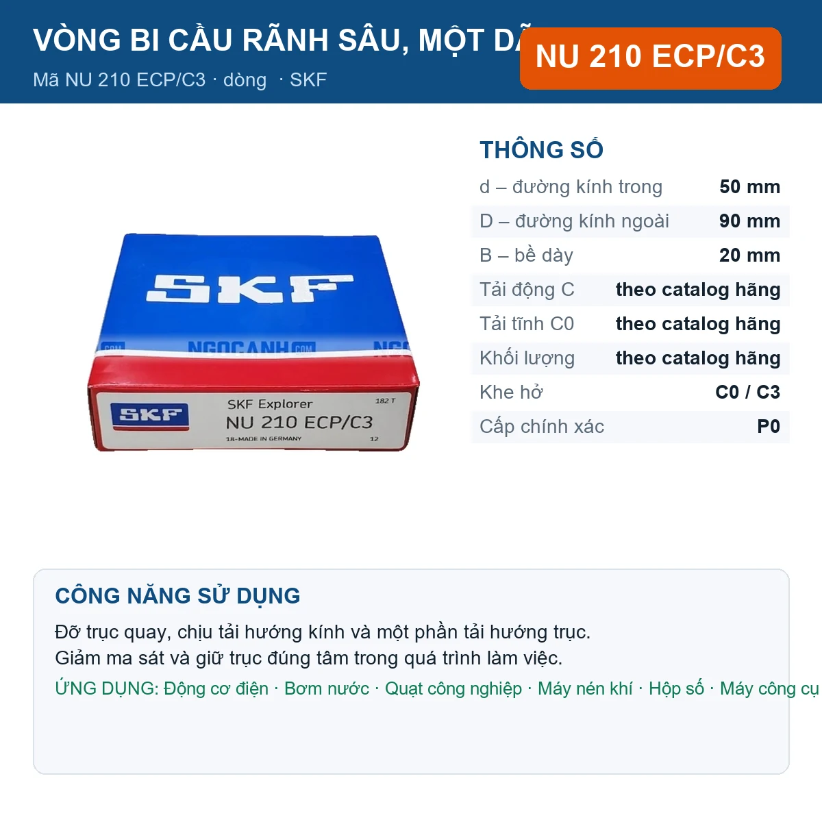Vòng bi SKF NU 210 ECP/C3 — kích thước 50x90x20mm