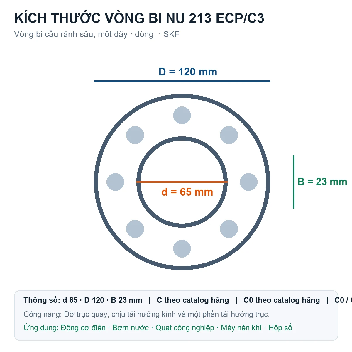 Vòng bi SKF NU 213 ECP/C3 65x120x23mm — Bản vẽ kích thước (Google Images)