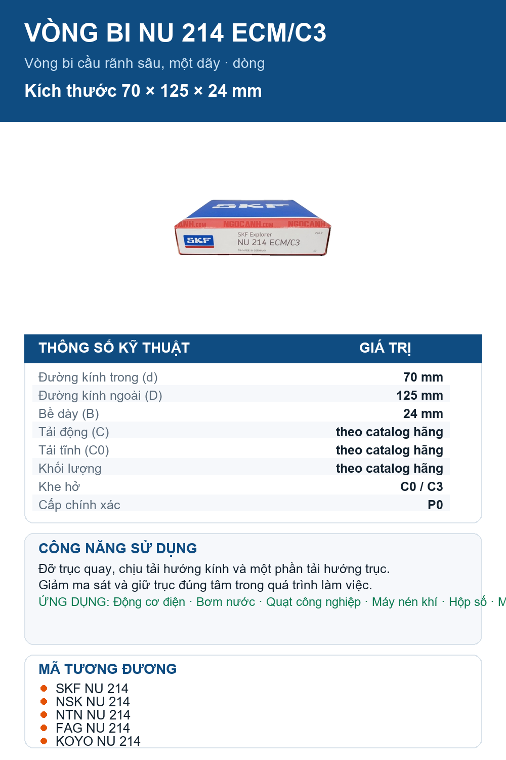 Vòng bi SKF NU 214 ECM/C3 70x125x24mm — Ảnh thông số (Pinterest)